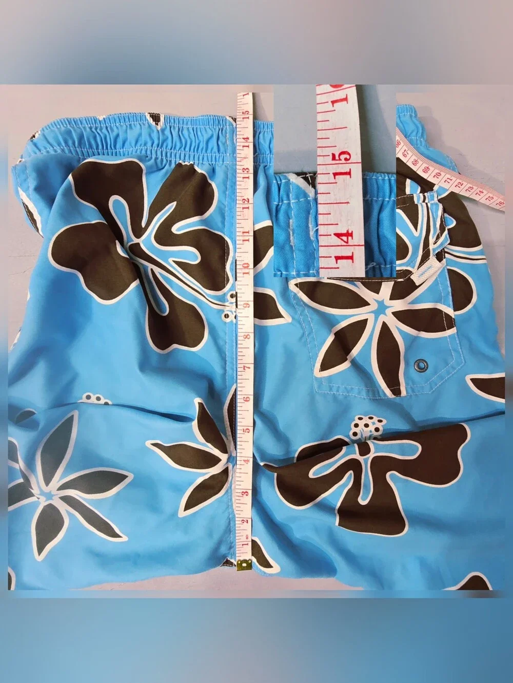 Vtg Y2K Hawaiian Hibiscus Board Shorts Swim Trunks Sky Blue Brown Youth Large